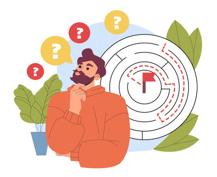 Man looking for exit. Young guy trying to solve puzzle. Businessman looking for way out of maze. Intellectual games and puzzles. Flat vector illustration isolated on white background