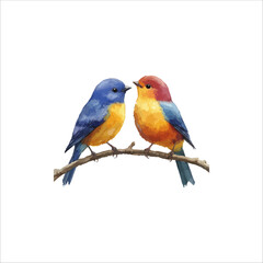 Watercolor lovebirds couple on a branch clipart. love Birds and heart watercolor illustration.