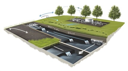 Fototapeta premium 17. An illustrative diagram of the sludge dewatering process with arrows and flow