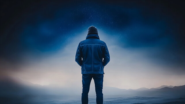 A person standing alone in a vast landscape under a starry night sky contemplating the universe and their place in it
