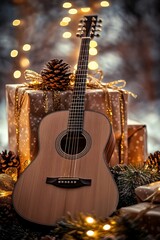 A beautifully crafted guitar rests on a rustic table, surrounded by colorful wrapped presents, evoking warmth and festive cheer.
