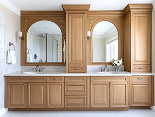 Luxurious bathroom featuring golden oak cabinets, frameless arched mirrors, and elegant marble countertops ,