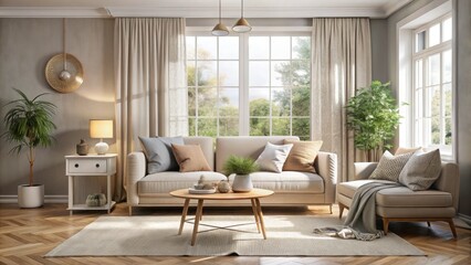 Fototapeta premium Cozy Stylish Living Room Interior with Pastel Sofa and Natural Light â€“ Perfect for Home Decor Inspiration and Warm Atmosphere