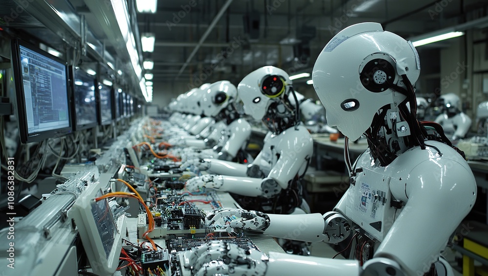 Aufkleber futuristic factory: a line of advanced robots working on circuit boards