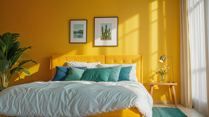 A Sunny Minimalist Bedroom with Warm Yellow, Deep Blue Pillows, and Green Accents for a Cheerful Design