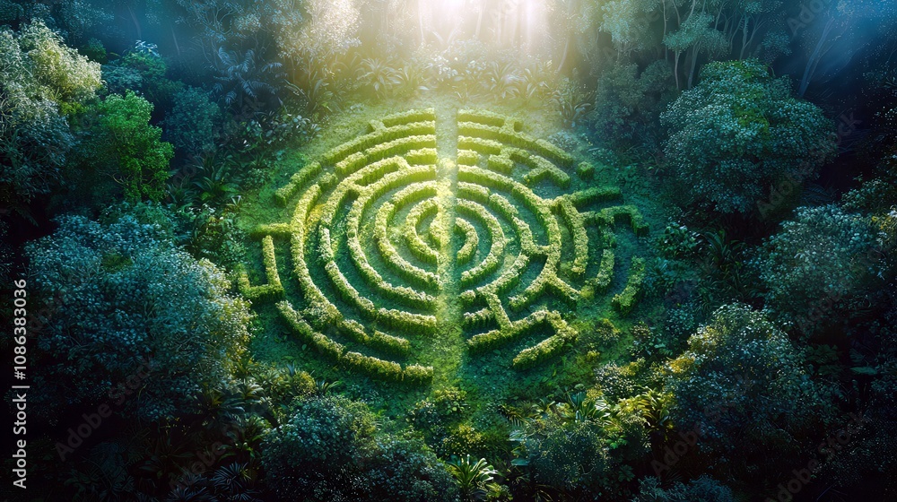 Poster ethereal labyrinth surrounded by lush greenery enveloped in soft light, capturing the essence of nat