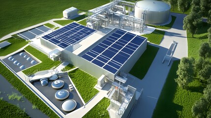 25. A modern facility with solar panels powering sludge dewatering equipment