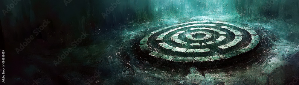 Aufkleber mysterious circular maze emerging from fog in a serene landscape, surrounded by ethereal green light