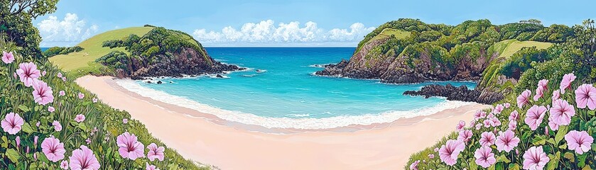 Serene Coastal Landscape with Vibrant Flowers and Tranquil Blue Waters Under a Clear Sky, Idyllic Beach Scene for Relaxation and Escape