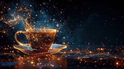 A cup of coffee with steam rising and glowing with light.