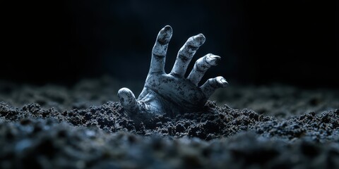 Creepy Hand Rising From the Ground in a Dark and Eerie Setting, Creating an Atmosphere of Horror and Mystery for Halloween or Spooky Themes