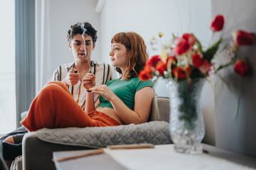 Two friends enjoy a relaxing moment together on a comfortable sofa, surrounded by vibrant flowers, creating a serene and joyful atmosphere.