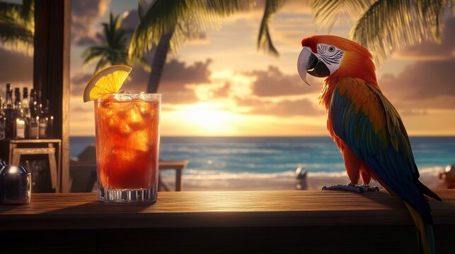 A vibrant parrot perched on a bar, curiously eyeing a colorful cocktail, exuding a playful and tropical ambiance perfect for a lively getaway.