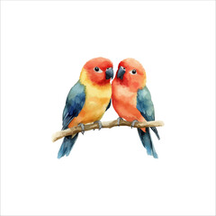 Watercolor lovebirds couple on a branch clipart. love Birds and heart watercolor illustration.