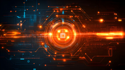 Futuristic Abstract Digital Technology Background with Glowing Orange Circuit Patterns and Neon Lights