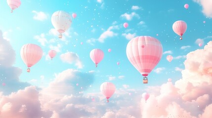 A serene sky filled with pink hot air balloons drifting among fluffy clouds.