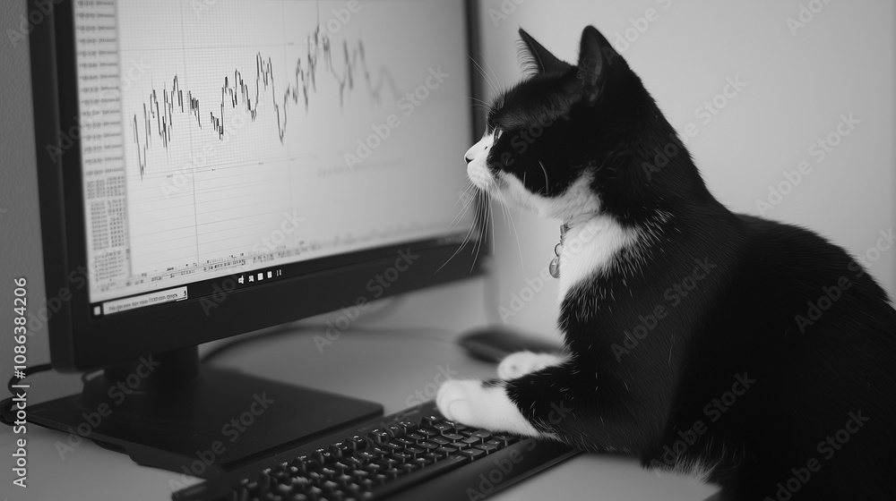 Poster the cat's paw on the market: a curious feline perched on a computer keyboard, with a stock chart on 
