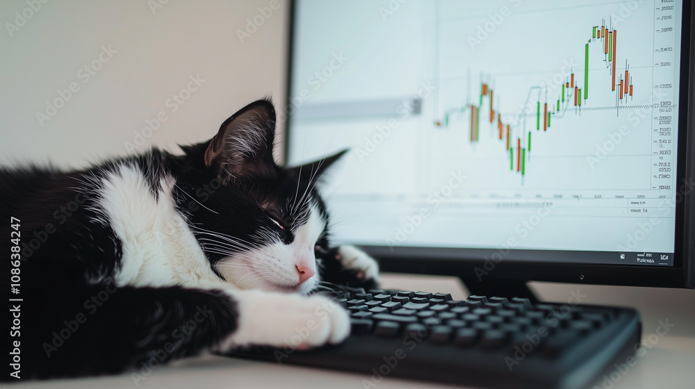 Poster cat nap on the stock market: a tuxedo cat peacefully sleeps on a keyboard in front of a computer scr