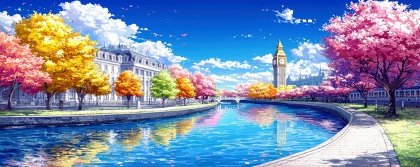 Serene Spring Landscape with Cherry Blossoms and Iconic Clock Tower Reflected in Calm Waters Under a Luminous Blue Sky with Fluffy White Clouds and Vibrant Nature