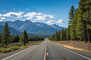 Naklejka premium Empty stretch of asphalt road running parallel to a mountain range with a clear blue sky above and pine trees in the foreground, natural landscape, peaceful scene