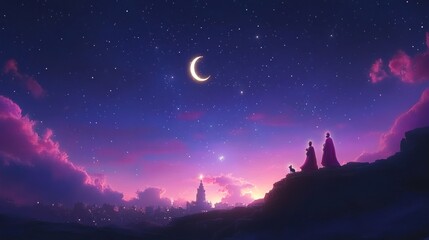 Fototapeta premium A serene night scene with two figures under a starry sky.