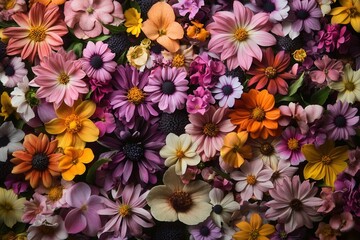 A vibrant and colorful floral background featuring a variety of flowers in shades of pink, purple, orange, and yellow.