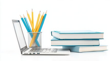 Laptop, Books, and Pencils on White Background.