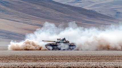 Powerful Battle Tank Maneuvering through Dusty Landscape in Military Training Exercise with Dramatic Mountains in Background and Clouds of Dust Rising High