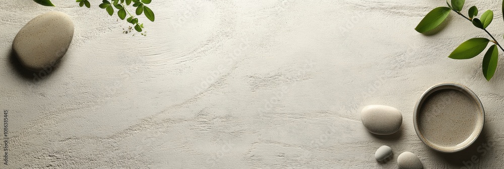 Poster a serene composition featuring smooth stones and fresh leaves set on a light, textured surface for a