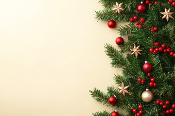 A festive Christmas tree adorned with shimmering red and gold ornaments, radiating warmth and holiday cheer in a cozy, inviting atmosphere.