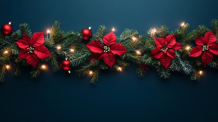 A festive Christmas garland adorned with vibrant poinsettias and twinkling lights, set against a rich dark blue backdrop, exuding holiday cheer and warmth.