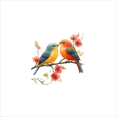 Watercolor lovebirds couple on a branch clipart. love Birds and heart watercolor illustration.