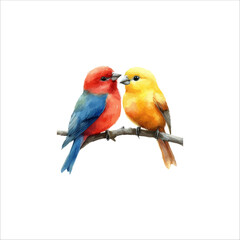 Watercolor lovebirds couple on a branch clipart. love Birds and heart watercolor illustration.