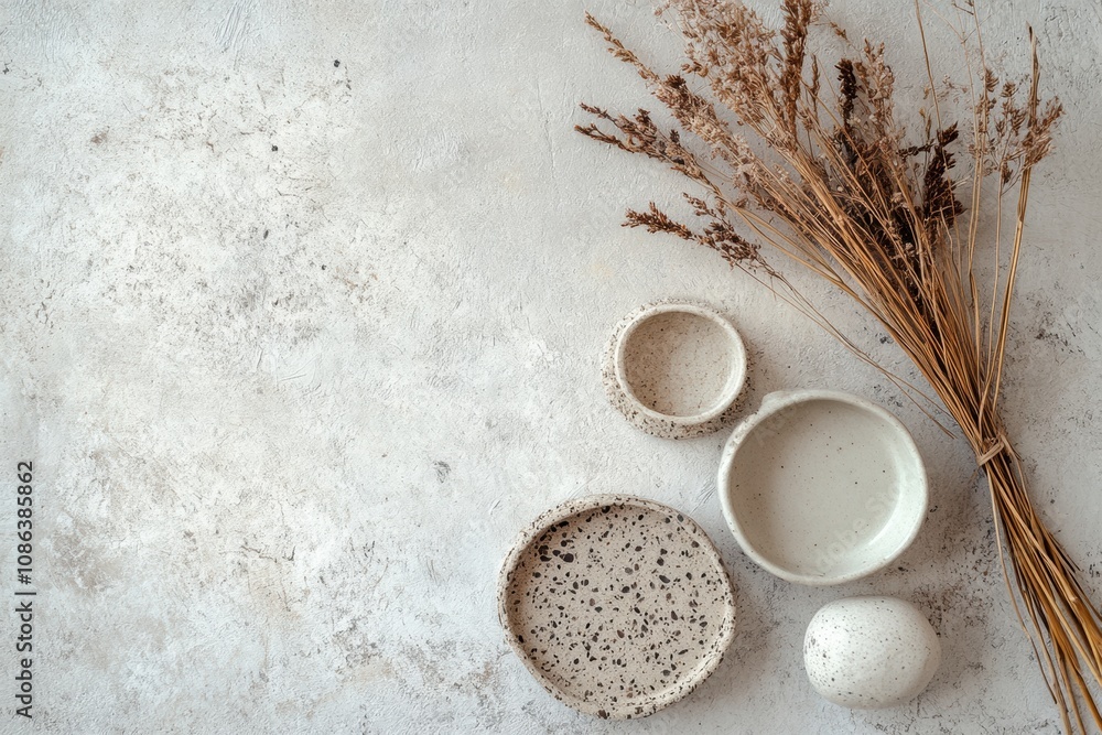 Poster A collection of simple ceramic bowls and an orb is displayed alongside dried flowers on a light textured background. Generative AI