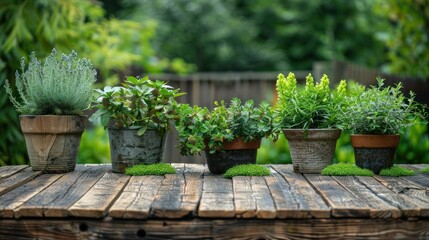 Fototapeta premium Five potted herbs and plants sit on a rustic wooden table outdoors.
