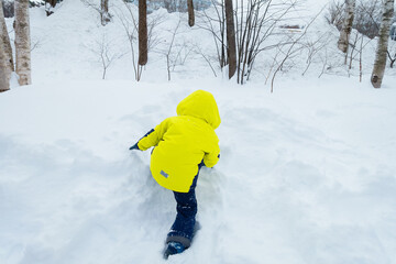 Little boy having fun on snow in the park. 