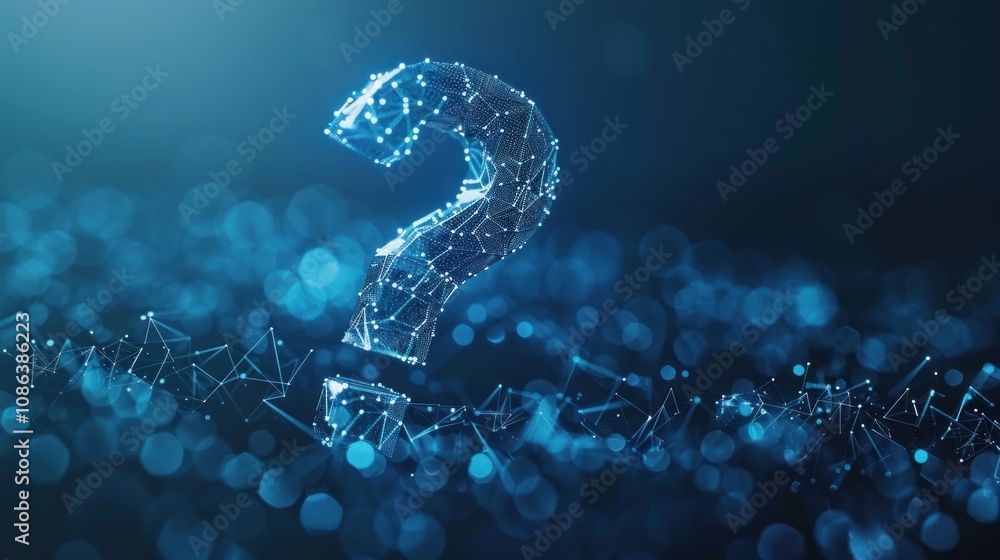 Poster a glowing blue question mark made of connected dots and lines on a blue background with out of focus