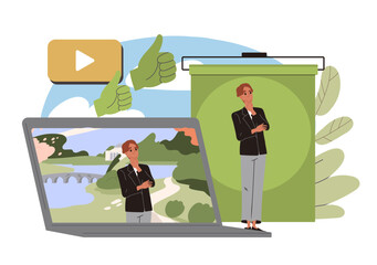 Man on chromakey. Young guy filming against background of green fabric, recording video. Special effects and processing of video. Flat vector illustration isolated on white background