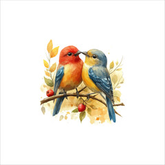 Watercolor lovebirds couple on a branch clipart. love Birds and heart watercolor illustration.