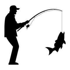 Silhouette graphic of a man wearing a cap standing fishing.
