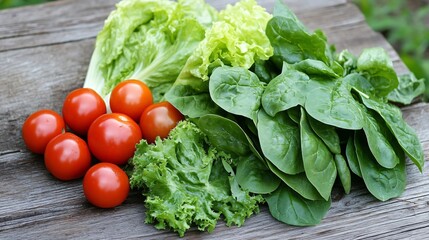 Fresh Organic Vegetables Tomatoes, Lettuce, and Spinach on Rustic Wooden Background
