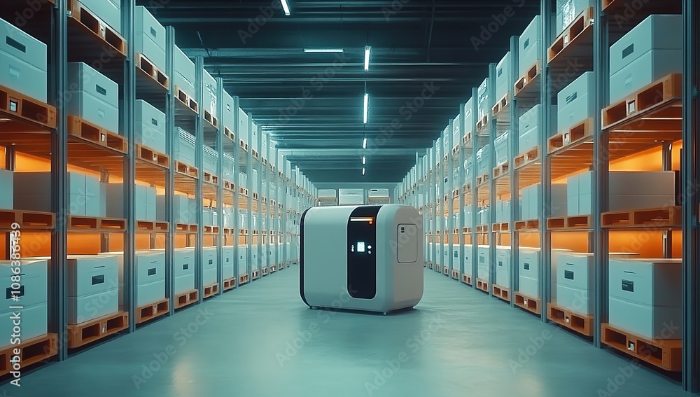 Poster autonomous robot in a modern warehouse: efficient logistics and automation in a futuristic supply ch
