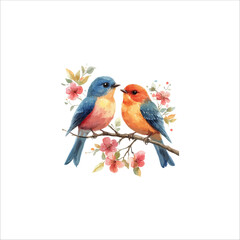 Watercolor lovebirds couple on a branch clipart. love Birds and heart watercolor illustration.