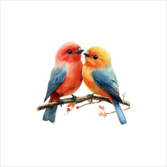Watercolor lovebirds couple on a branch clipart. love Birds and heart watercolor illustration.
