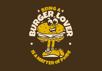 Burger lover mascot character with leg illustration in retro colors