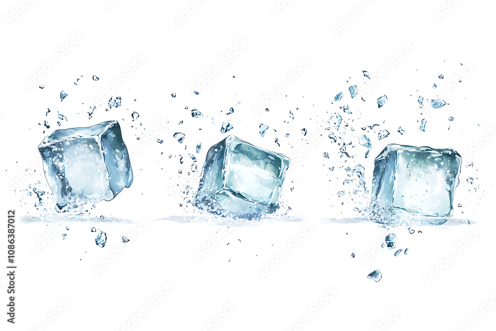 Poster three ice cubes splashing into water, creating dynamic movement and freshness.