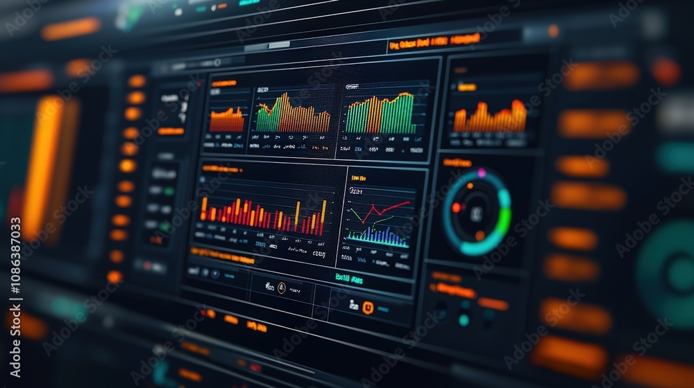 Poster futuristic data dashboard real time analytics charts graphs neon cyberpunk