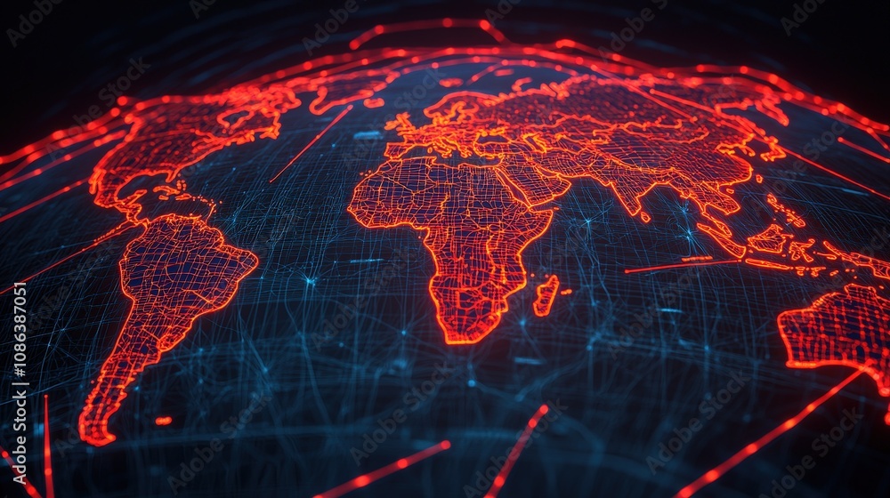 Poster global network illuminated world map international logistics supply chain data flow 3d render