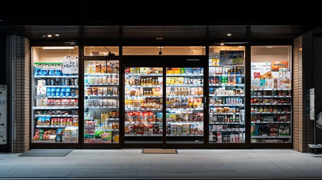 Nighttime Convenience Store: A well-lit convenience store storefront glows invitingly in the darkness, showcasing a vibrant array of products and promising a quick and easy shopping experience.  