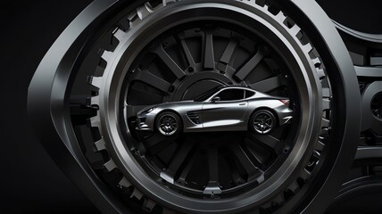 a black car is sitting in a wheel that says  the word car  on it.